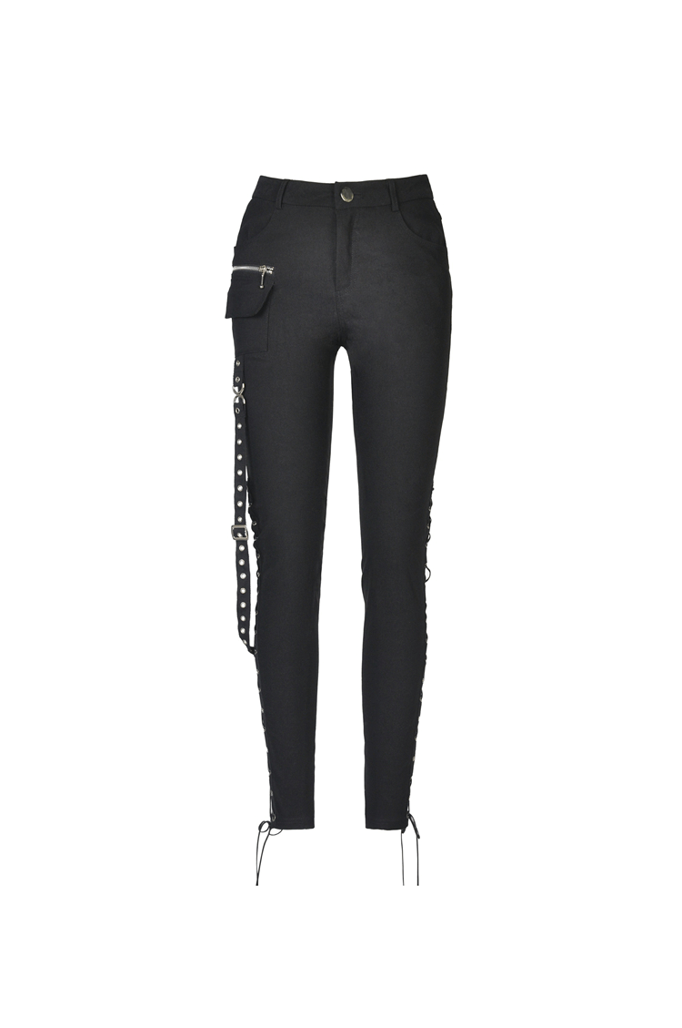 Edgy Black Lace-Up Skinny Pants with Side Pockets