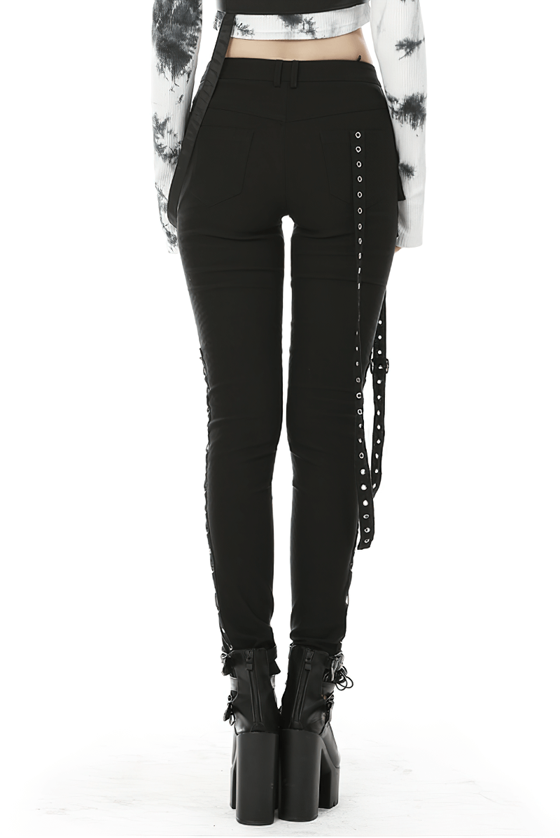 Edgy Black Lace-Up Skinny Pants with Side Pockets