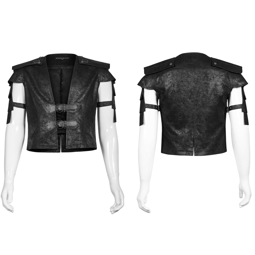 Edgy black leather vest with adjustable straps and unique shoulder cut-outs, perfect for a bold fashion statement.