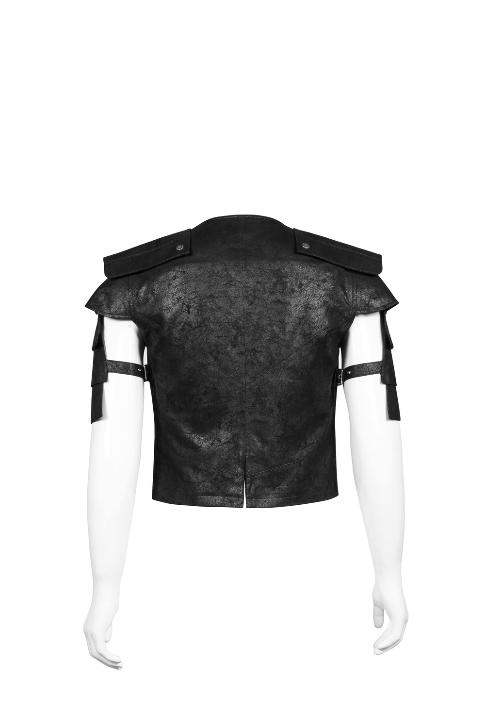 Edgy black leather vest with adjustable straps and buckles, showcasing a stylish back view.