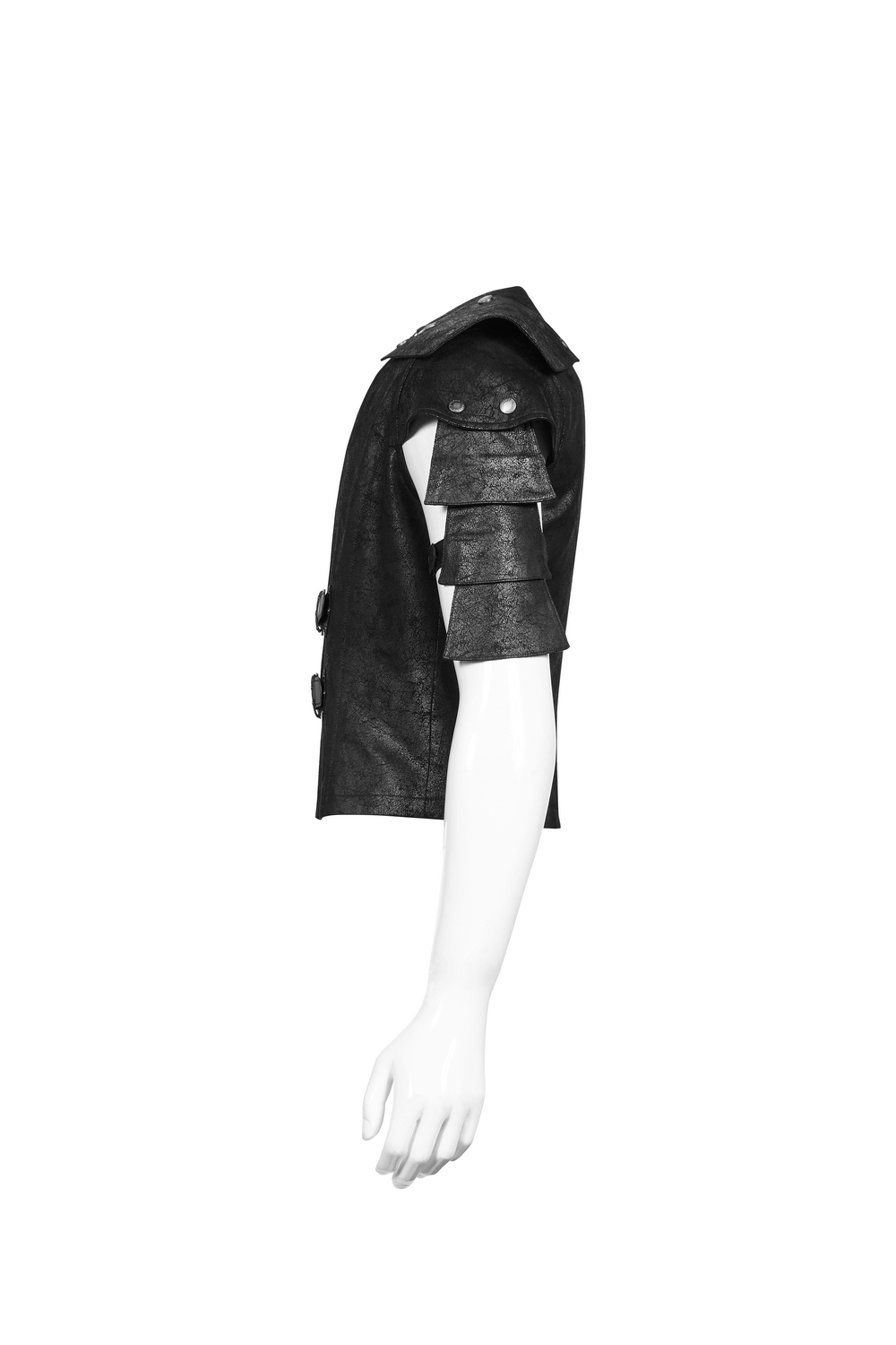 Edgy black leather vest with adjustable straps and unique shoulder cut-outs, perfect for a bold style.