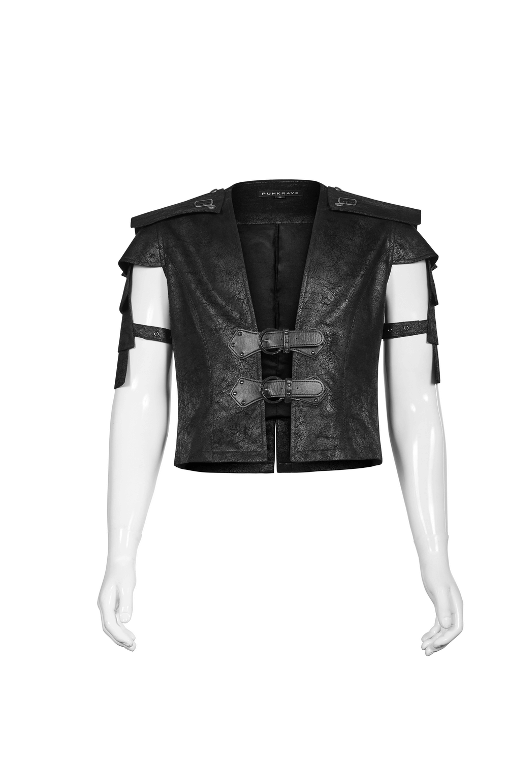 Edgy black leather vest with adjustable straps and buckles, perfect for a stylish statement.