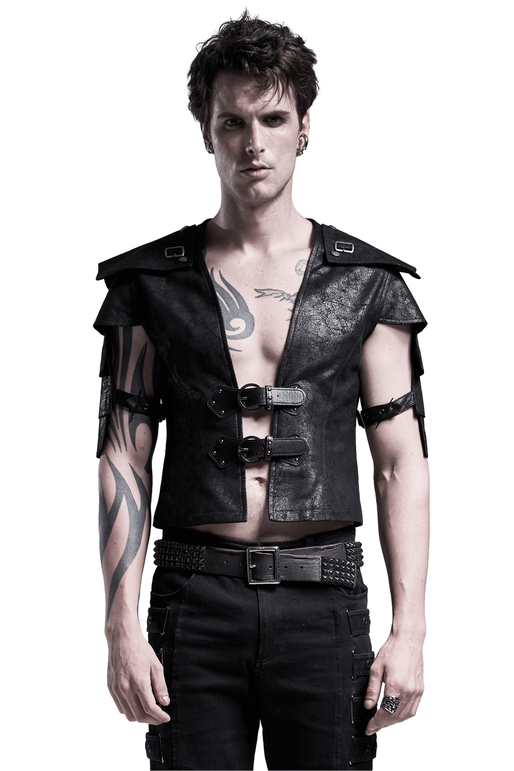 Edgy black leather vest with adjustable straps, featuring unique shoulder cut-outs and bold buckles.