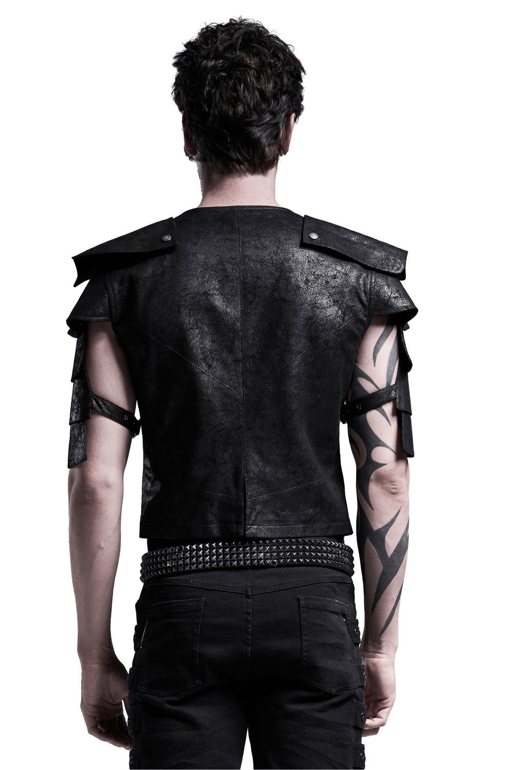 Back view of edgy black leather vest with adjustable straps and shoulder cut-outs, perfect for a stylish, bold look.