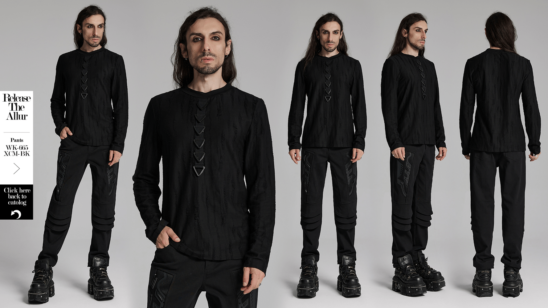 Edgy black long sleeves top with triangle buckle detail, punk streetwear style, tattered knit fabric, shown on model in multiple views.