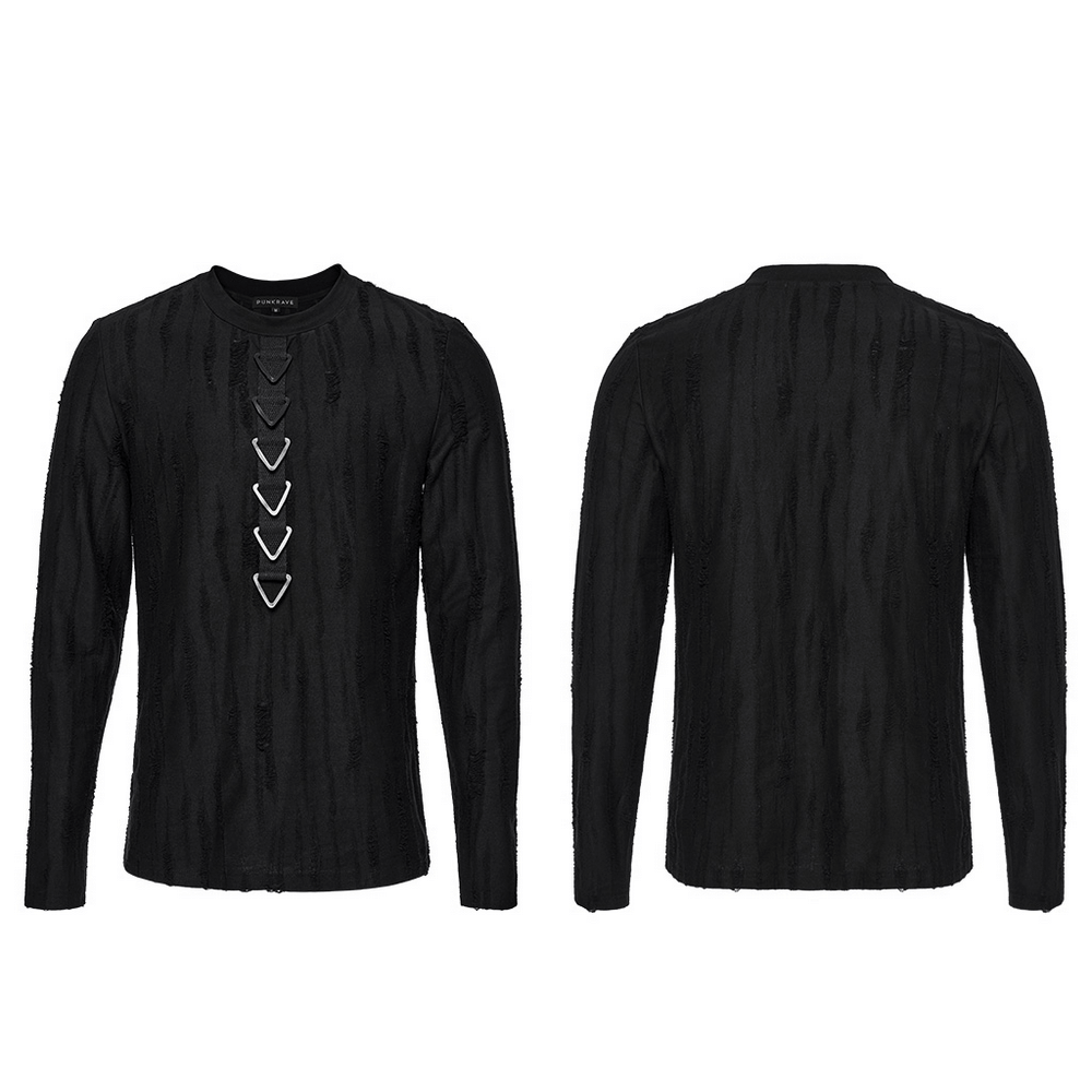 Edgy black long sleeves top with triangle buckle detail and tattered knit fabric, perfect for punk minimalist streetwear styles.