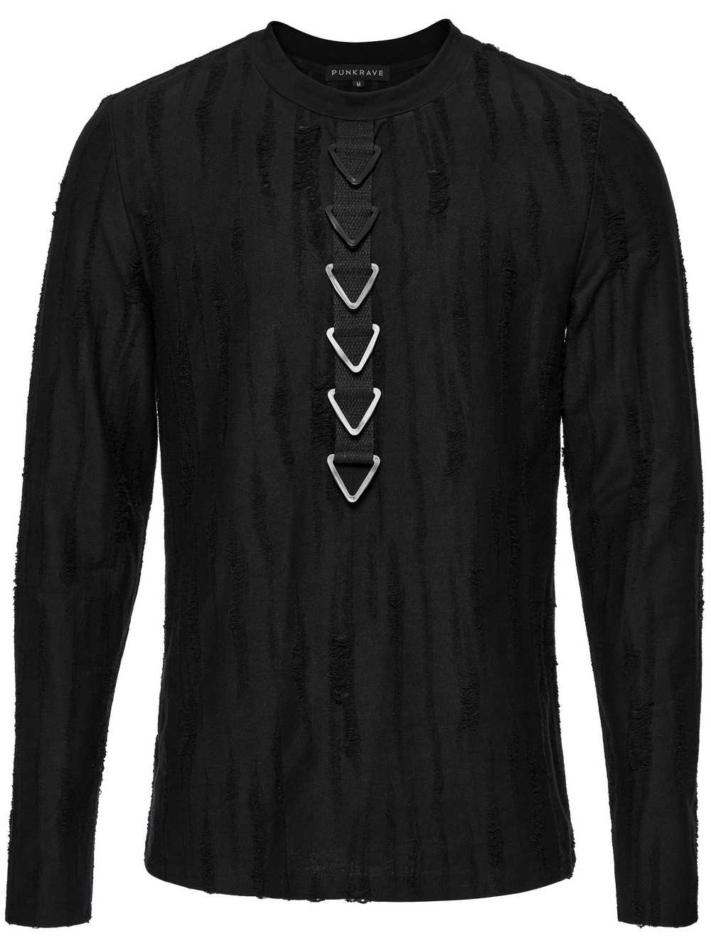 Edgy black long sleeves top with triangle buckle detail and tattered knit texture, perfect for punk minimalist streetwear styles.