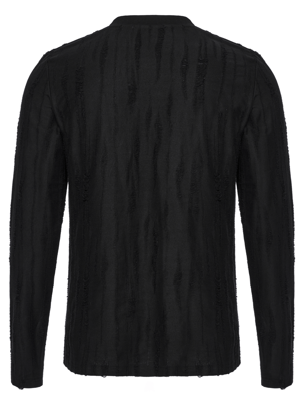 Edgy black long sleeves top with tattered knit texture and minimalist streetwear design, featuring a unique triangle buckle detail.