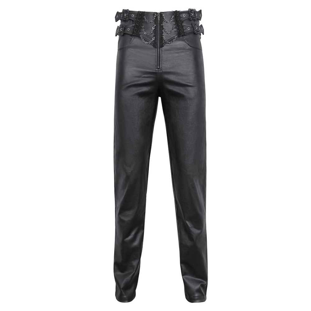 Edgy black male zippered pants featuring a buckled waistband and lace-up detail for a bold look.