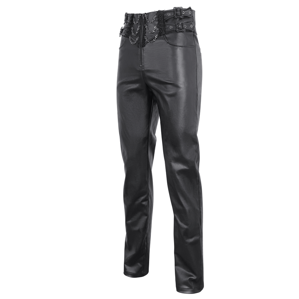 Edgy black male zippered pants with buckles and chains, perfect for a rock-and-roll wardrobe boost.