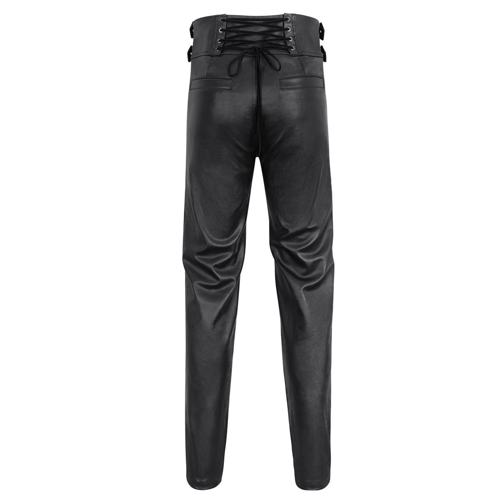 Back view of edgy black male zippered pants with lace-up detail and studded waistband for a bold look.