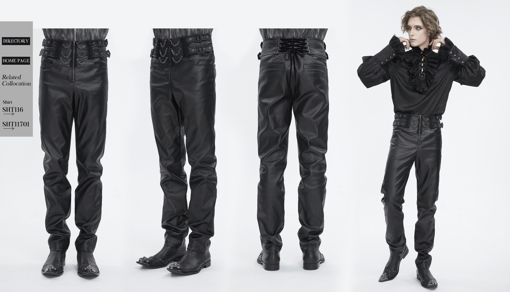 Edgy black zippered pants for men with lace-up detailing and chains, perfect for a bold, rock-and-roll look.