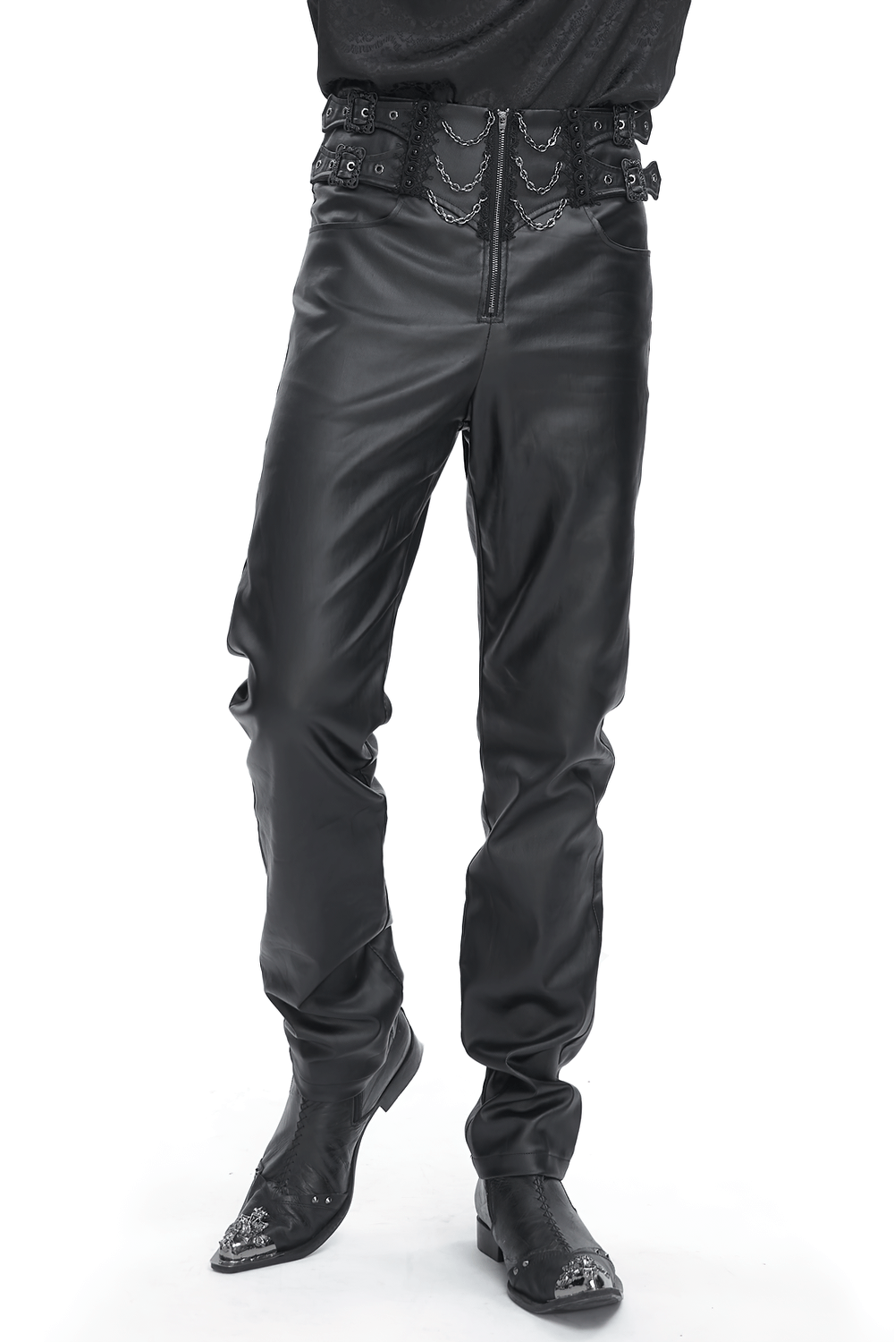 Edgy black zippered pants for men with buckles and chains, perfect for a rock-and-roll wardrobe upgrade.