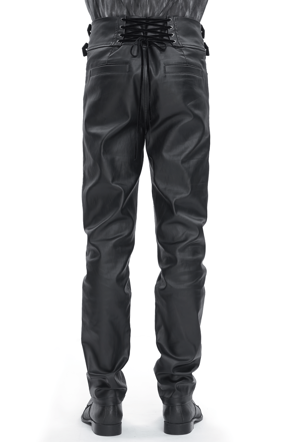 Edgy black zippered pants for men featuring lace-up detail on the back and stylish buckle waistband.