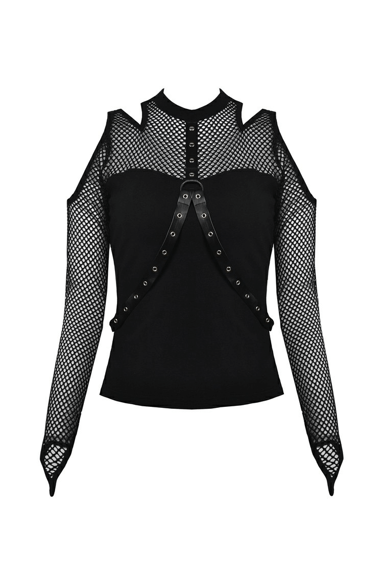 Edgy black mesh cold shoulder top with stud details, perfect for gothic-inspired style.