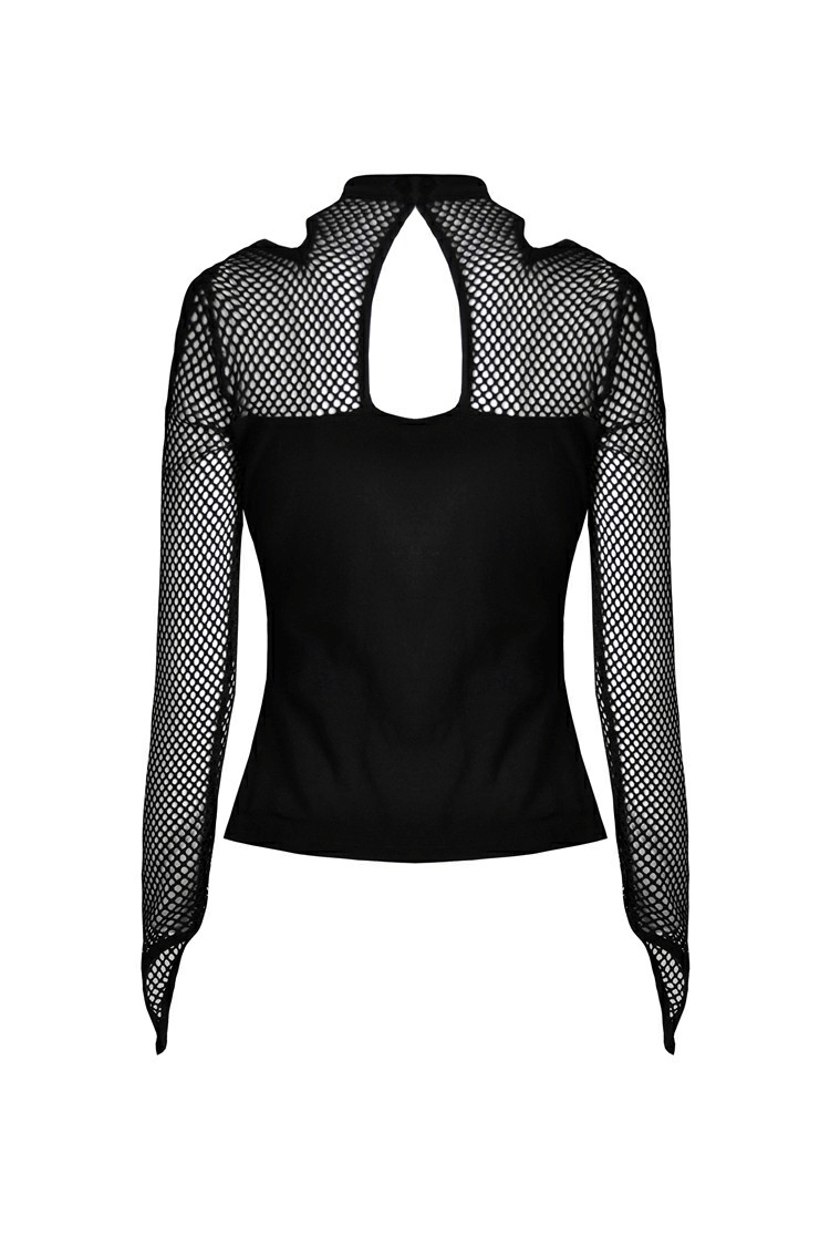 Edgy black mesh cold shoulder top with stud details, perfect for gothic fashion lovers.