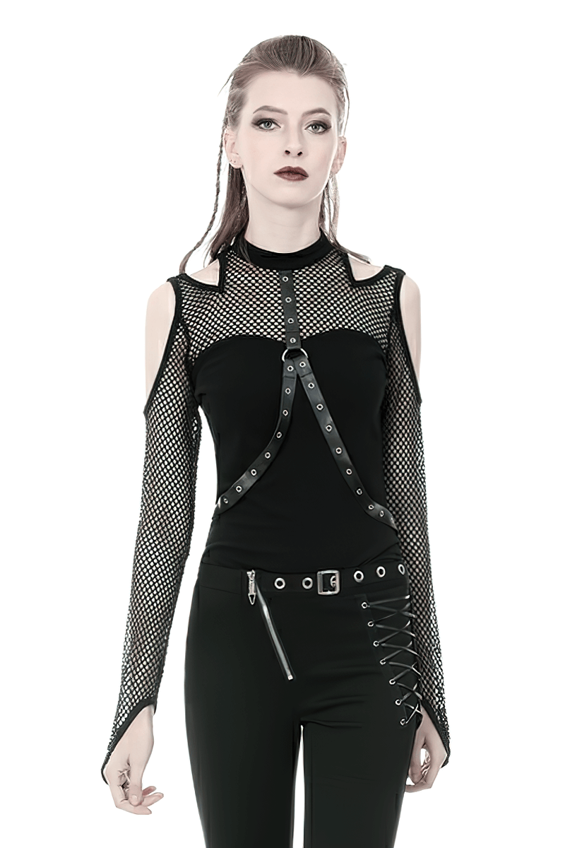 Edgy black mesh cold shoulder top with stud details, showcasing gothic elegance in a stylish outfit.