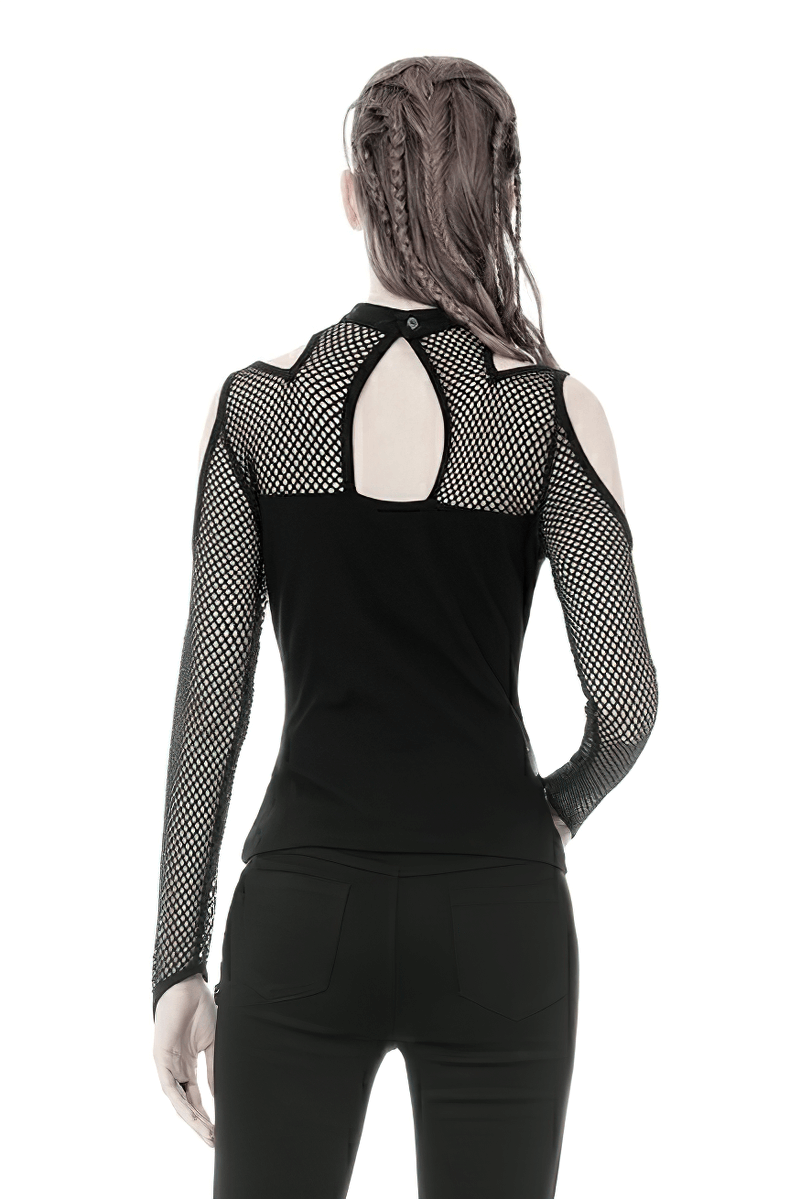 Back view of edgy black mesh cold shoulder top with stud details and long sleeves, showcasing gothic style.