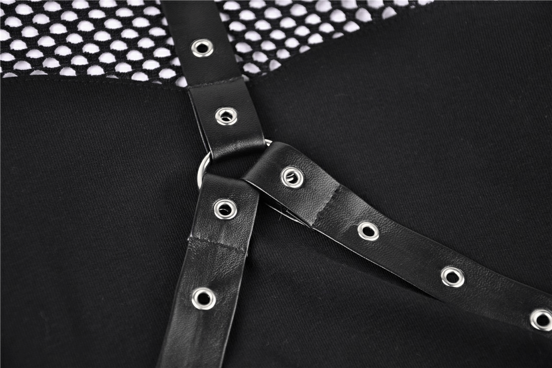Close-up of edgy black mesh top showing studded strap details and gothic design.