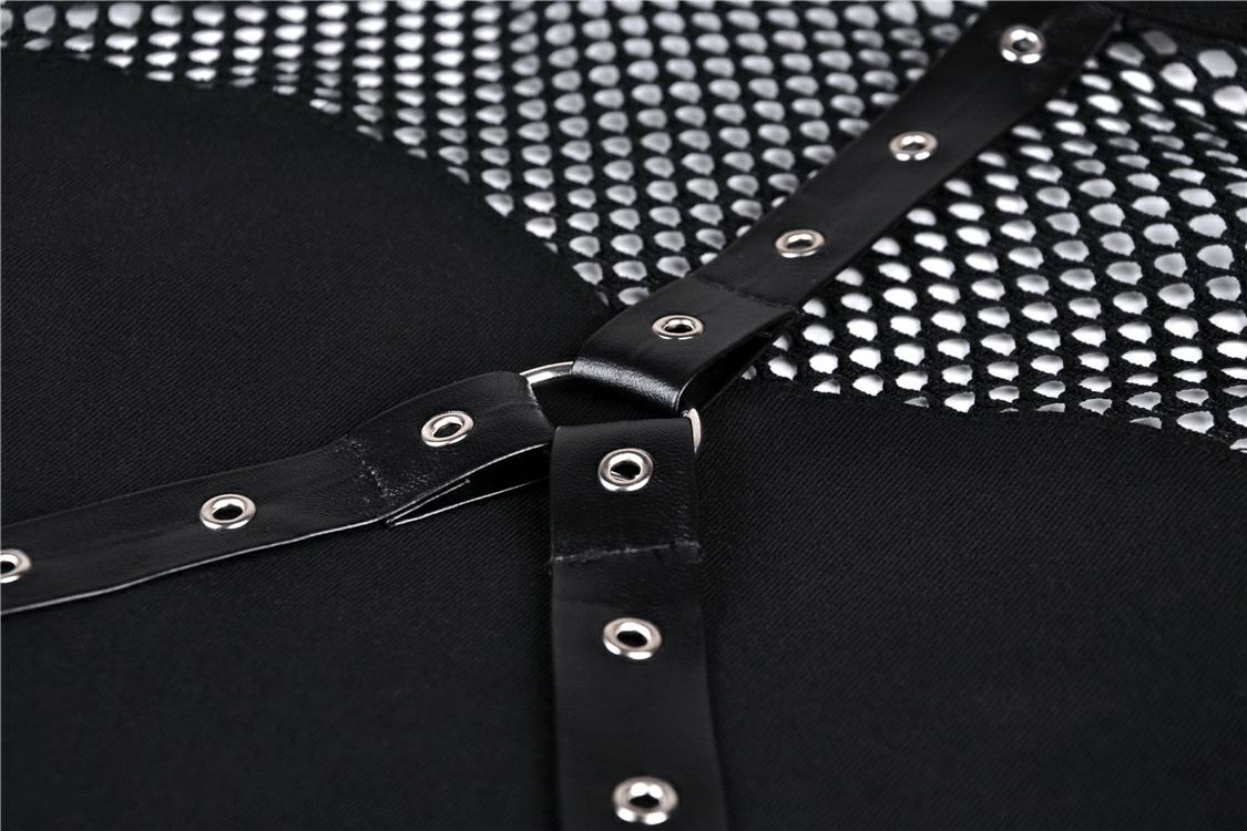 Close-up of black mesh top with stud details and unique strap design, showcasing edgy gothic style.