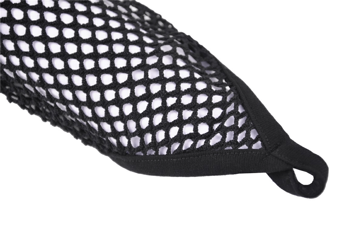 Close-up of black mesh fabric with a fishnet design, showcasing edgy style and intricate detailing.