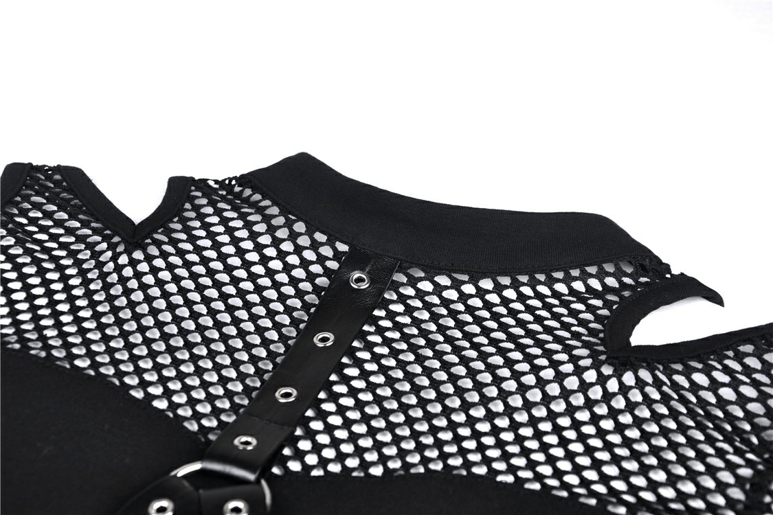 Close-up of black mesh cold shoulder top with stud details, showcasing gothic style and edgy design elements.