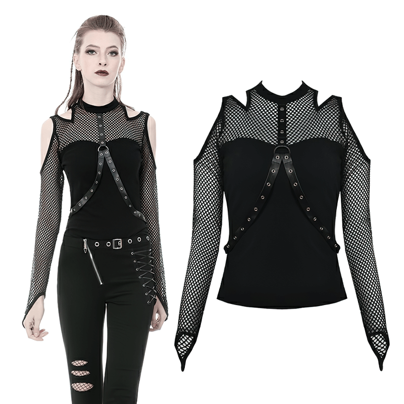 Edgy black mesh cold shoulder top with stud details, showcasing gothic elegance and style.