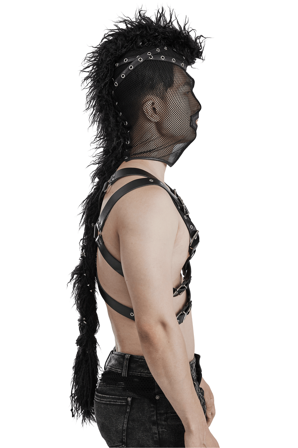 Side view of a person in an edgy black mesh mohawk hood with faux wool, showcasing punk style and bold fashion.