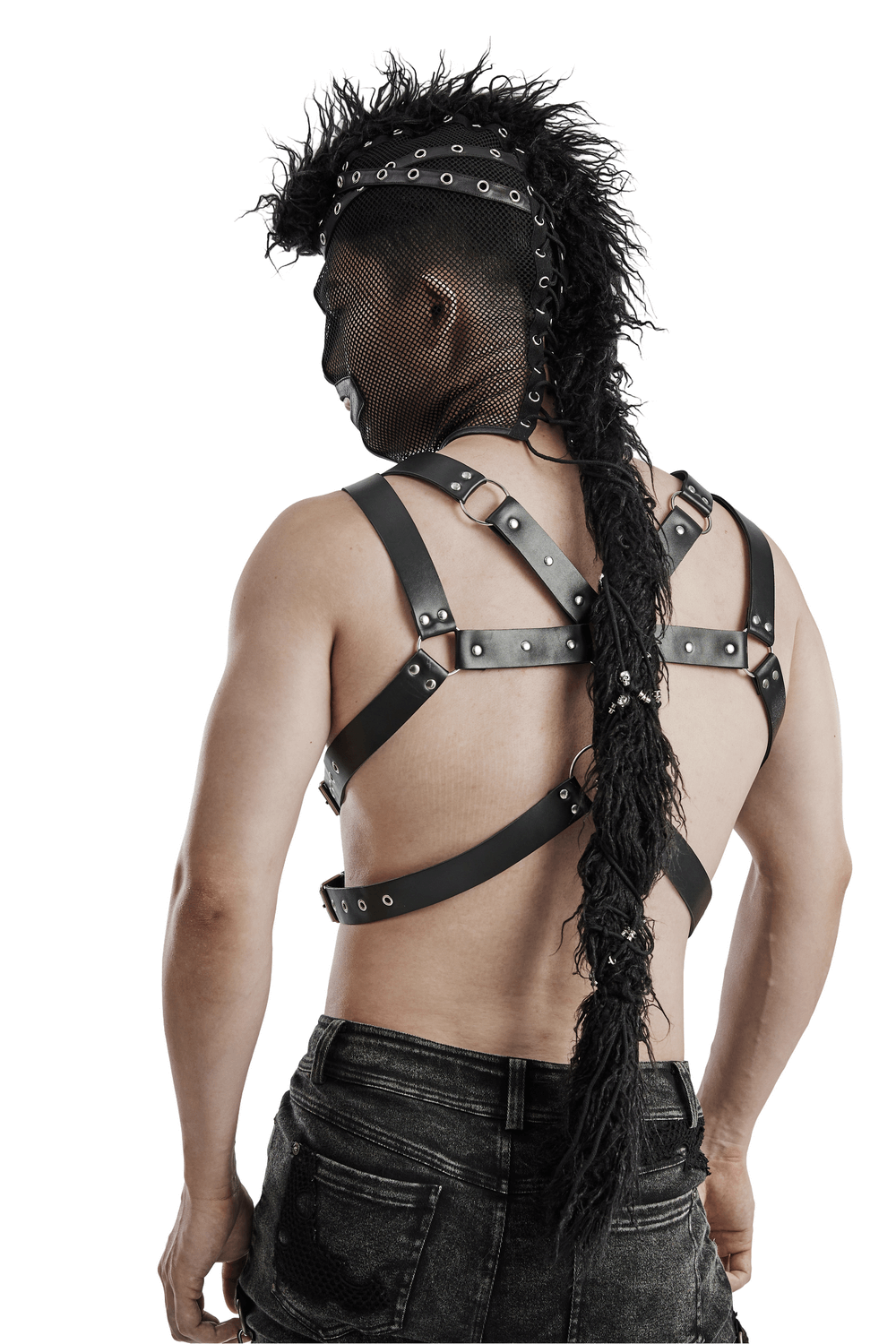 Model showcasing edgy black mesh hood with punk mohawk ponytail and stylish harness.