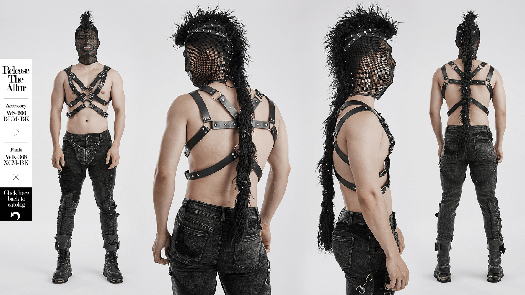 Model showcasing edgy black harness and Mohawk hairstyle in punk fashion with full body view.