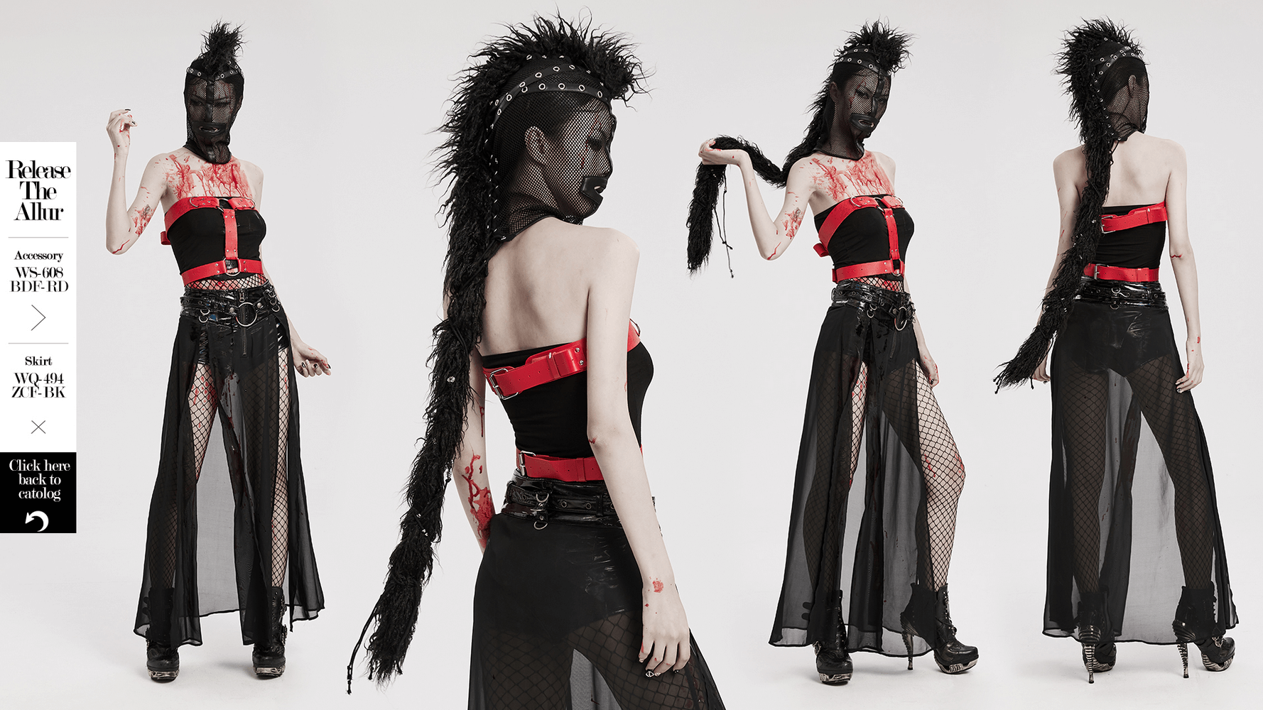Punk style model showcasing an edgy black mesh hood with Mohawk ponytail, paired with a bold outfit.