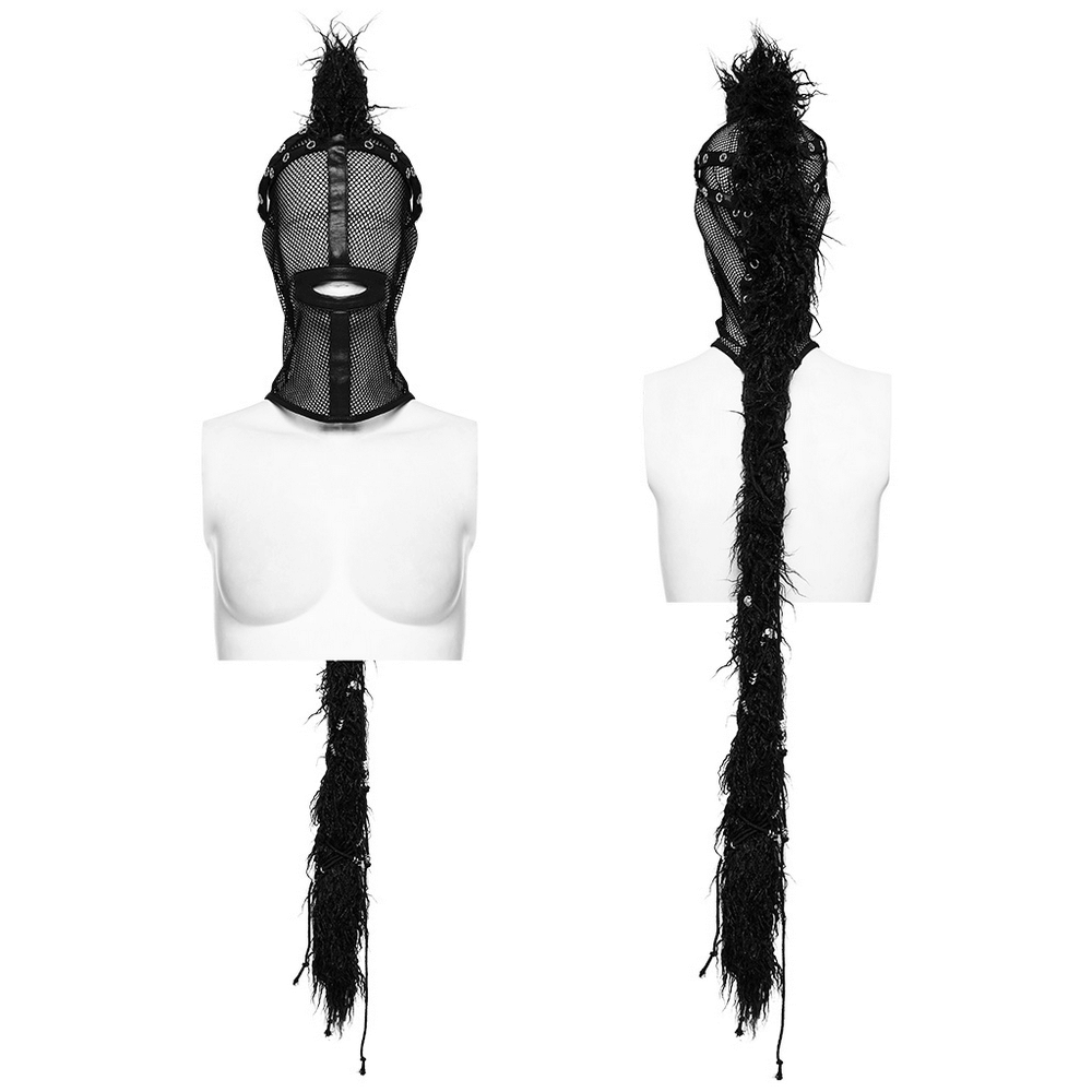 Edgy black mesh punk hood with faux wool mohawk ponytail, full face coverage, and breathable design.
