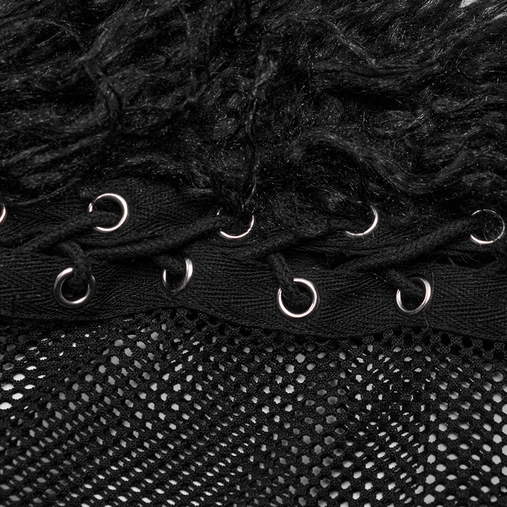 Close-up of edgy black mesh hood with faux wool detailing and eyelets for punk style fashion.