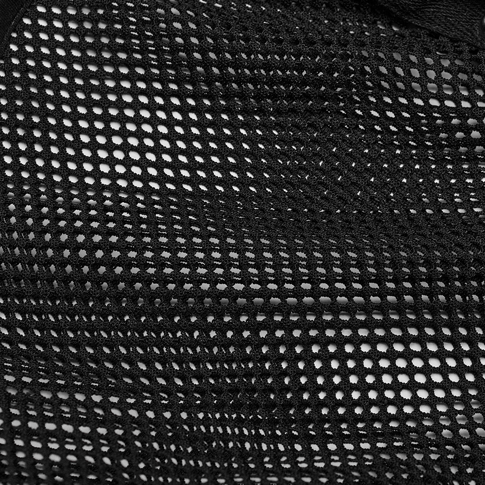 Close-up of black mesh fabric showcasing breathable design for punk style hood with mohawk.