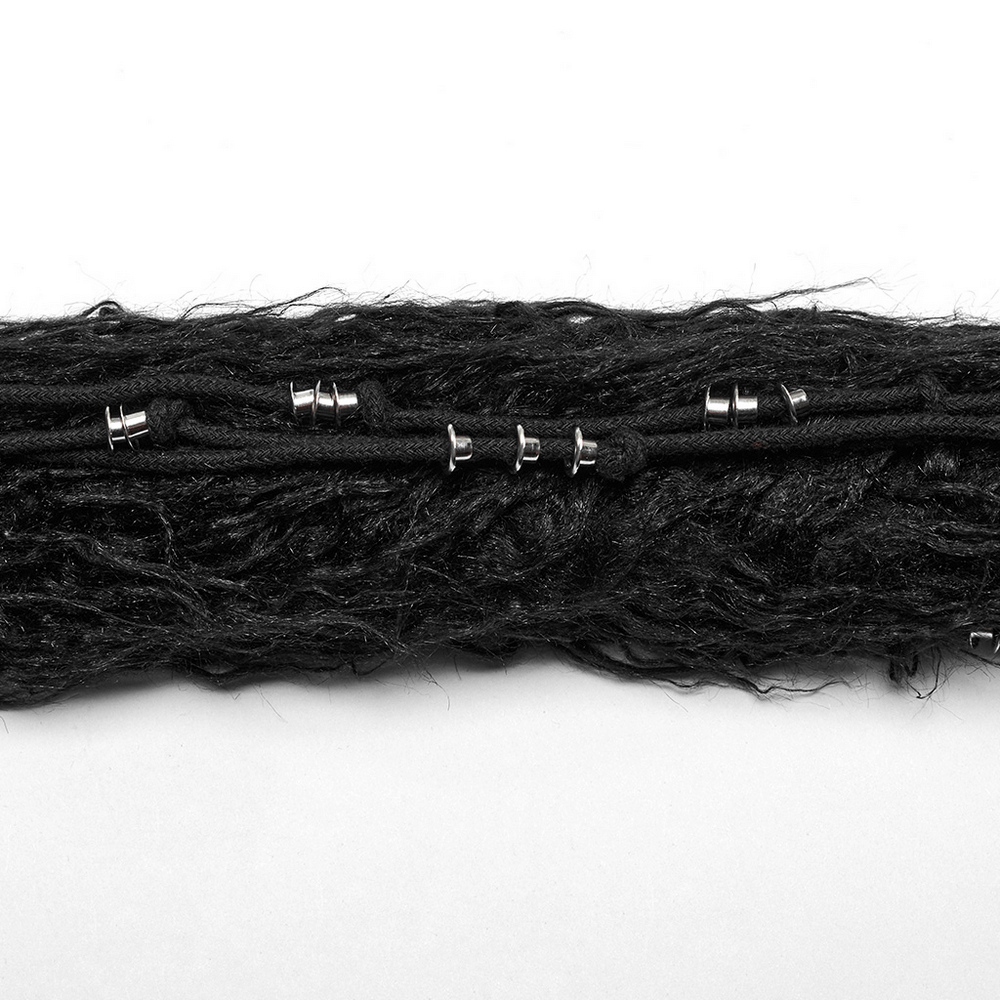 Close-up of black faux wool detailing with metal accents, perfect for punk style Mohawk hood accessories.