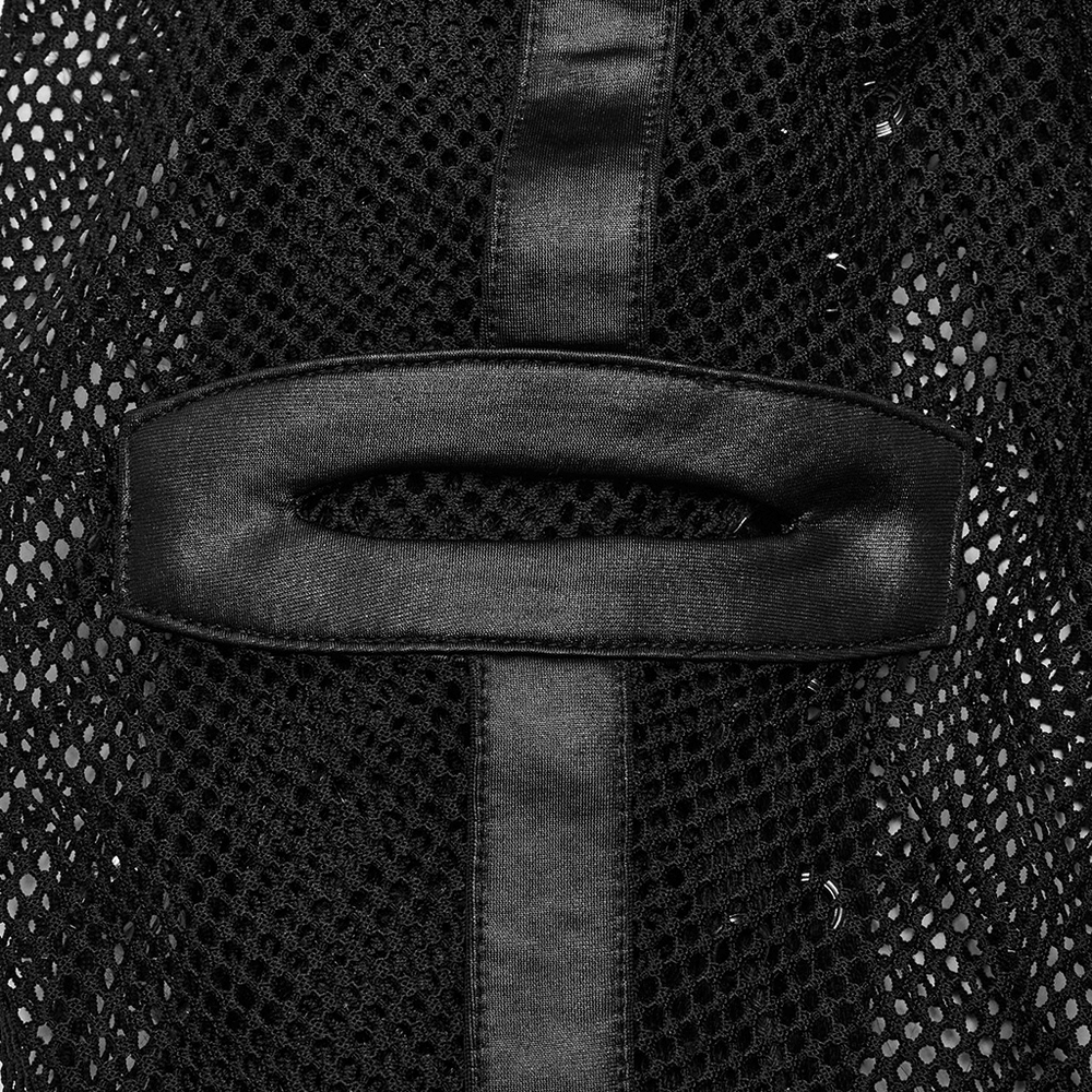 Close-up of edgy black mesh hood detail showcasing the striking satin strap and unique texture for punk style fashion.
