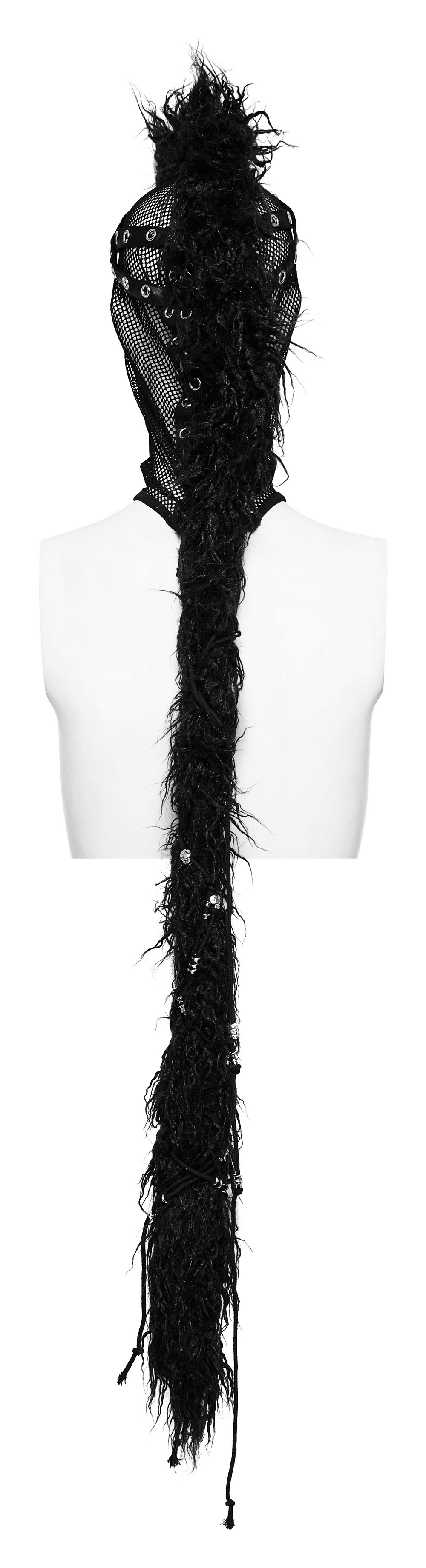 Back view of edgy black mesh hood with faux wool mohawk ponytail, perfect for punk fashion enthusiasts.
