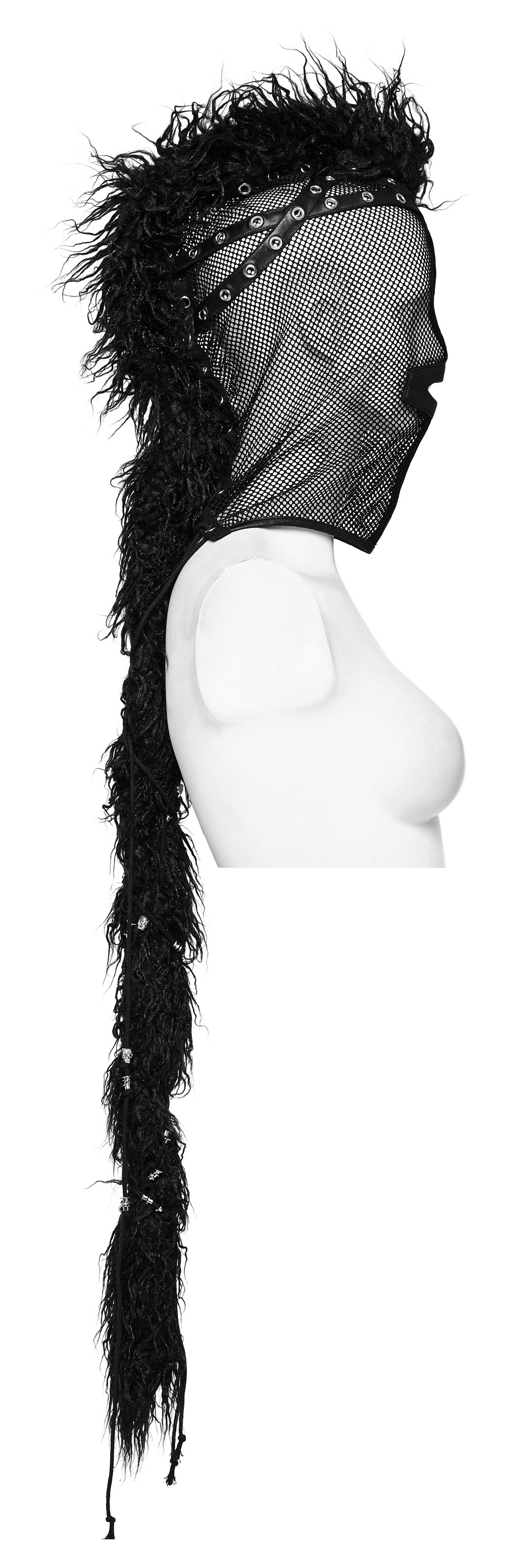 Edgy black mesh hood with punk mohawk ponytail, featuring faux wool detailing and full face coverage.
