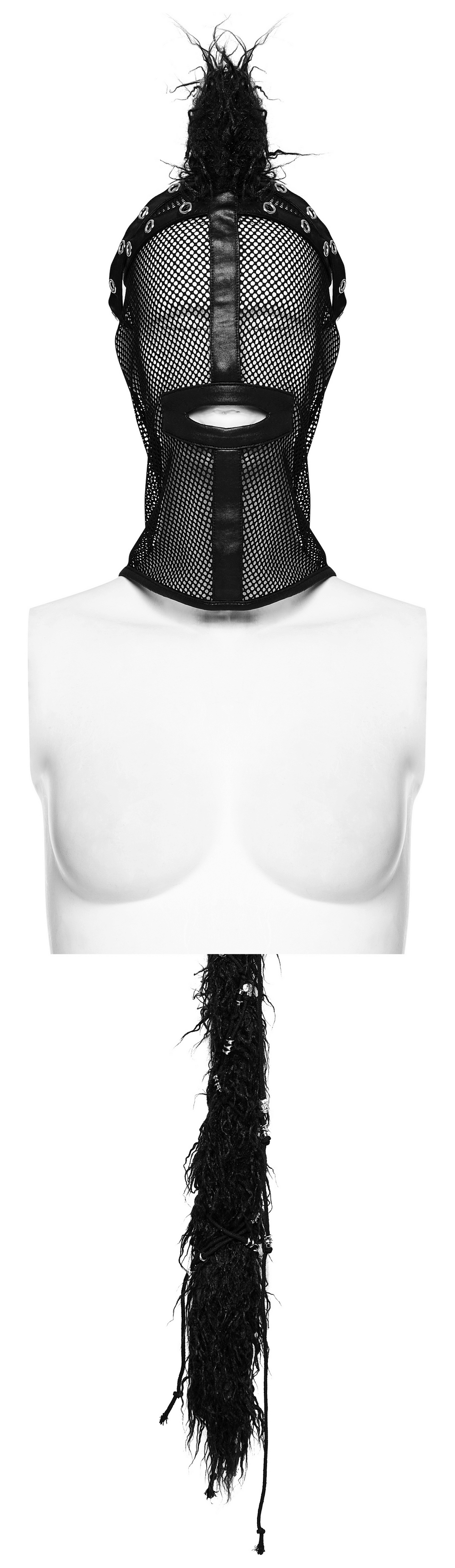 Edgy black mesh hood with mohawk ponytail, breathable design for punk styling and bold fashion statements.