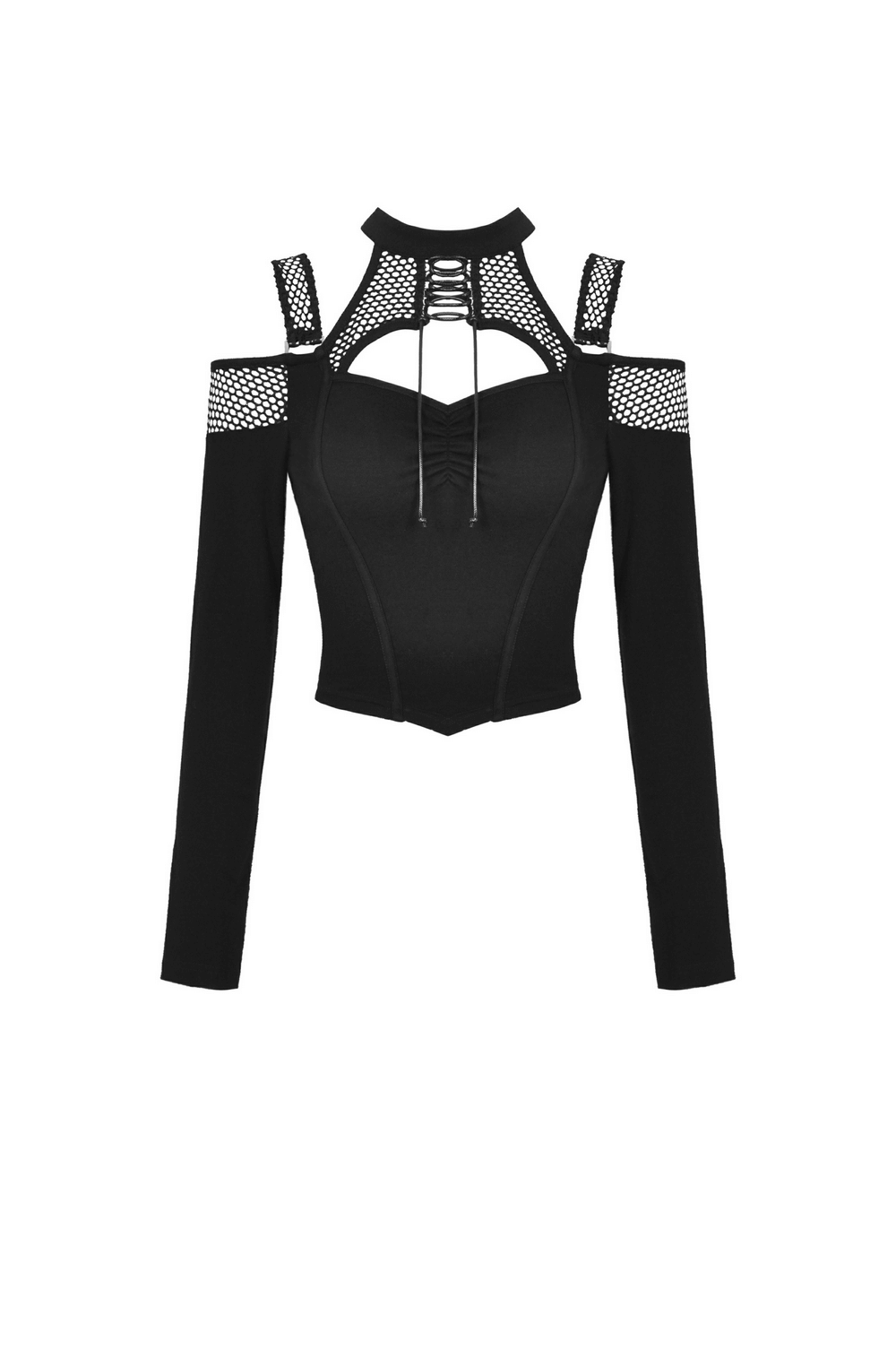 Edgy black mesh off-shoulder long sleeve top with fishnet details for a punk-inspired look.
