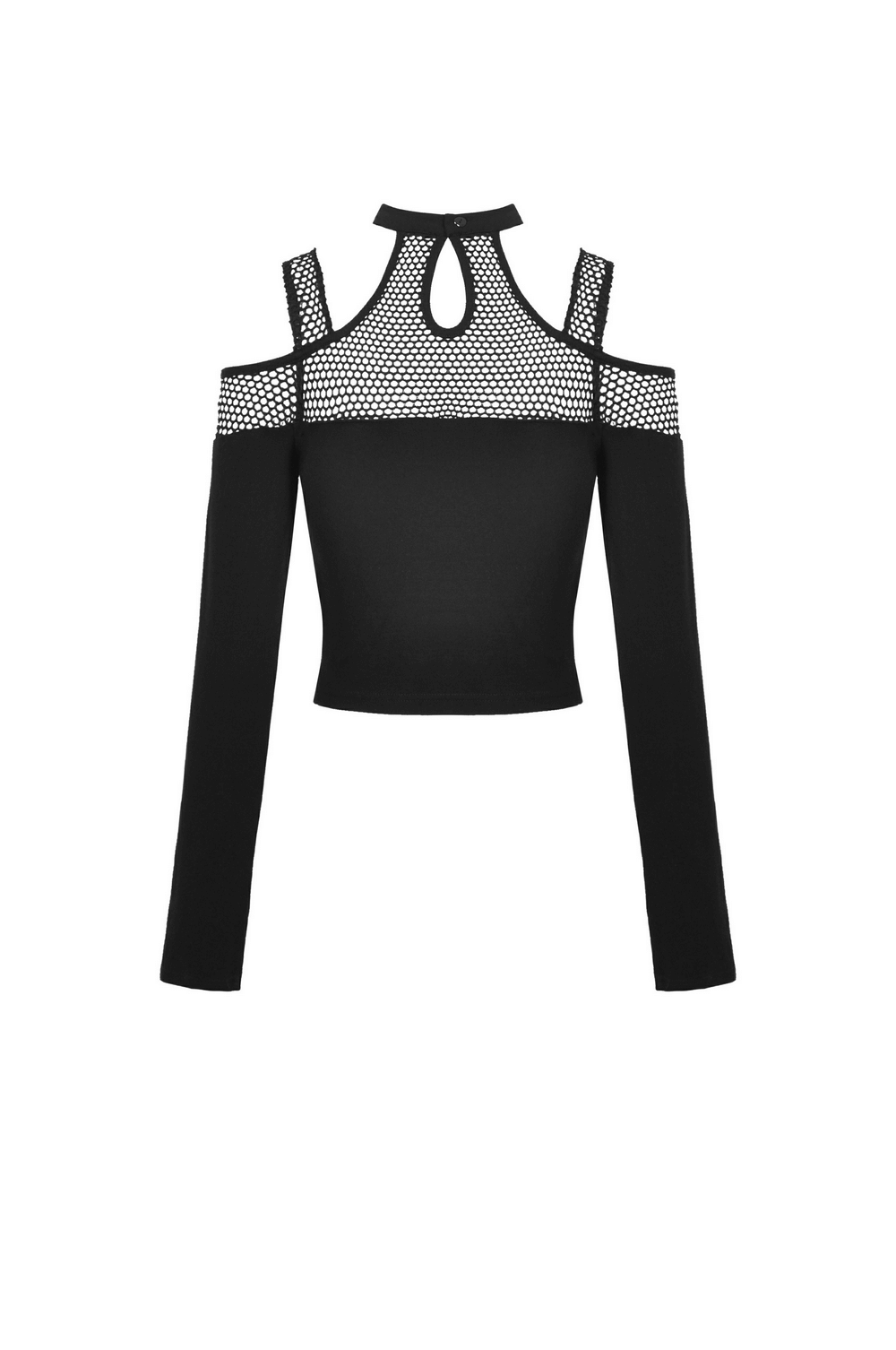 Edgy black mesh off-shoulder top with long sleeves, perfect for a punk-inspired outfit.