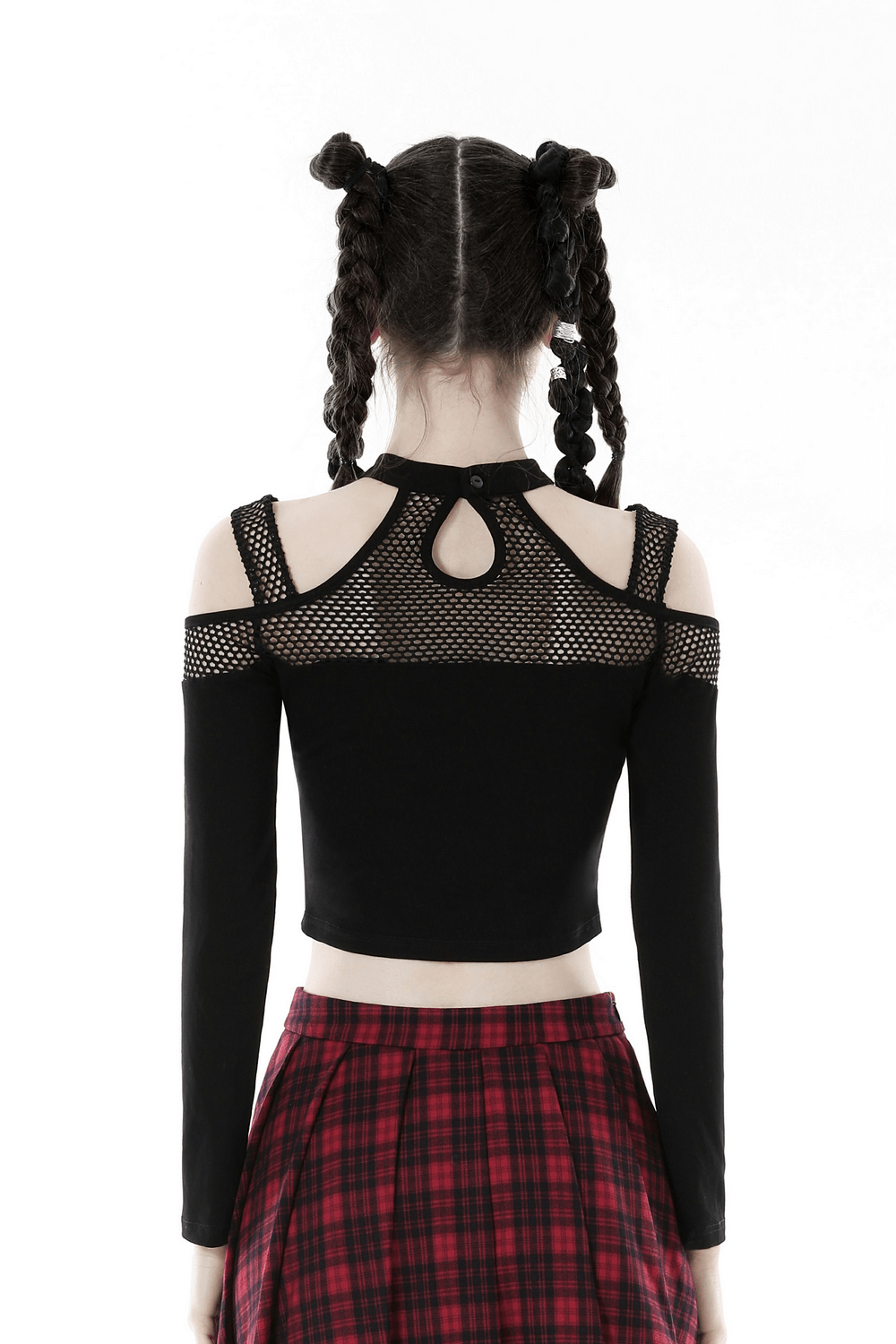 Back view of edgy black mesh off-shoulder top with fishnet details, paired with a plaid skirt.