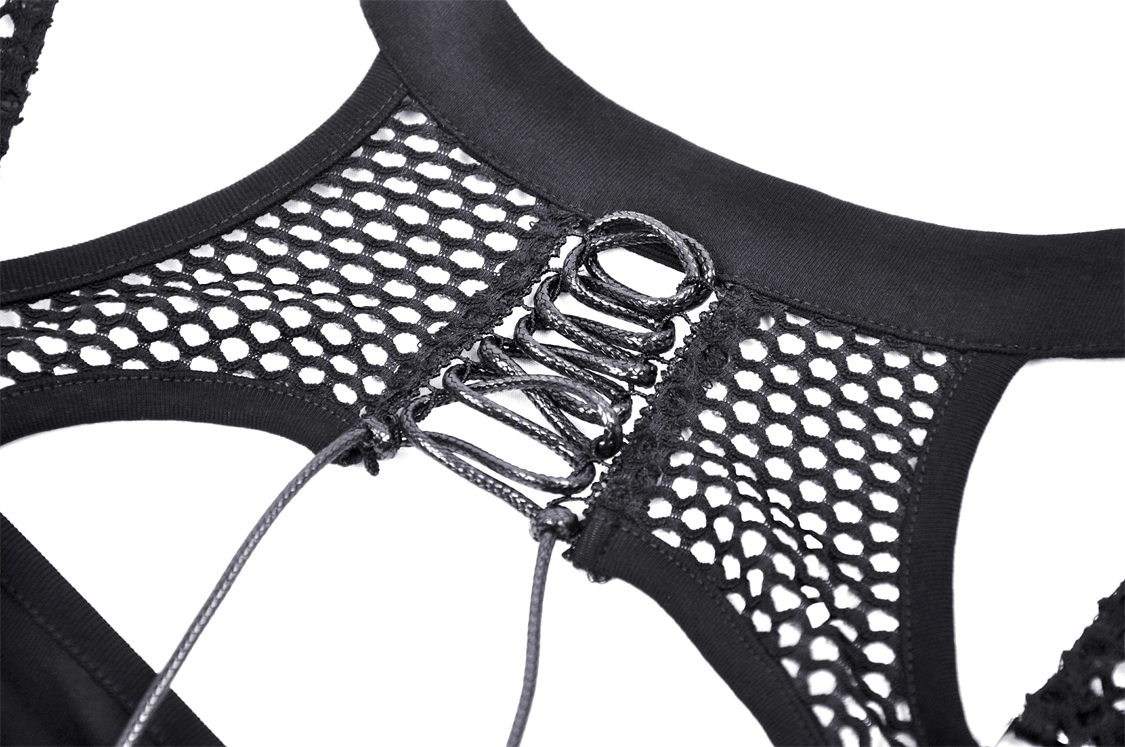 Close-up of edgy black mesh off-shoulder top with fishnet details and stylish lacing.