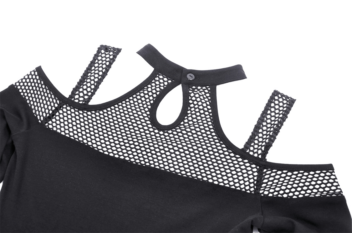 Edgy black mesh off-shoulder top with fishnet details and button closure, perfect for modern punk style.