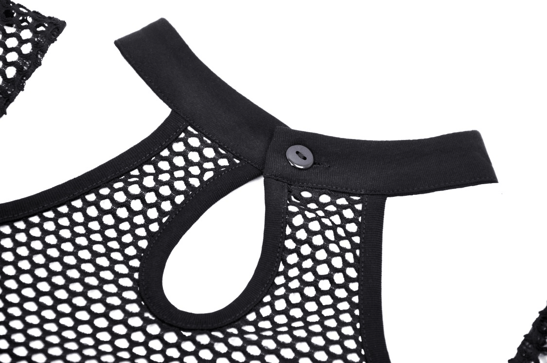 Close-up of edgy black mesh off-shoulder top featuring fishnet details and button closure for a punk-inspired look.