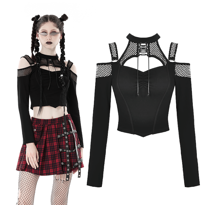 Edgy off-shoulder black mesh top with long sleeves and fishnet details, perfect for punk fashion lovers.