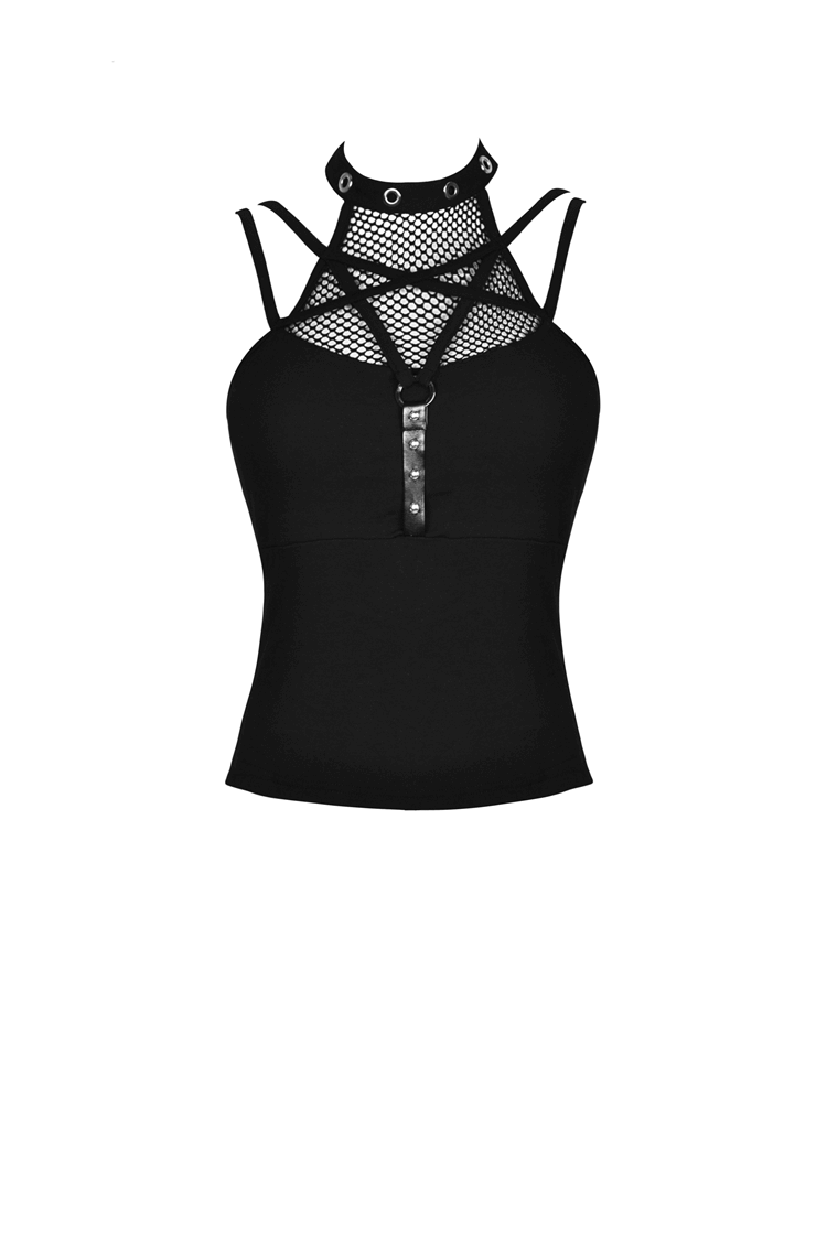 Edgy black mesh-panel crop top with strappy design and choker neckline, perfect for trendy night outs.