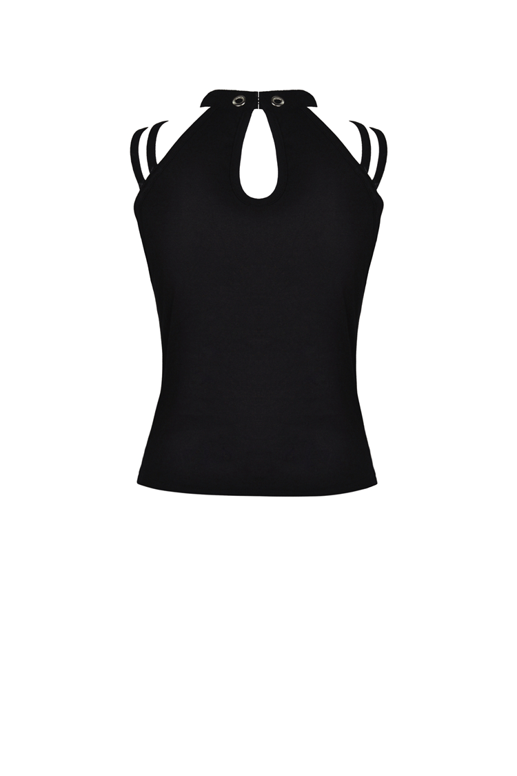 Edgy black mesh-panel crop top featuring a choker neckline and stylish strappy design, perfect for bold fashion statements.