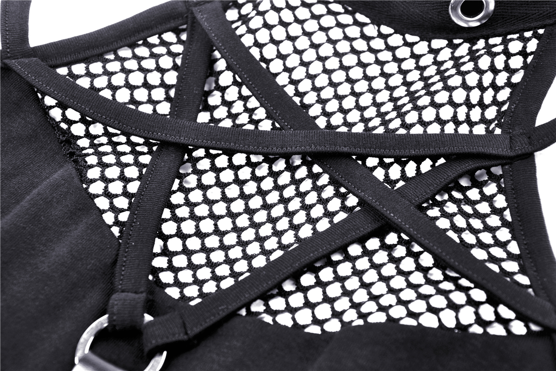 Close-up of a black mesh-panel crop top featuring strappy design and fishnet detailing for an edgy look.