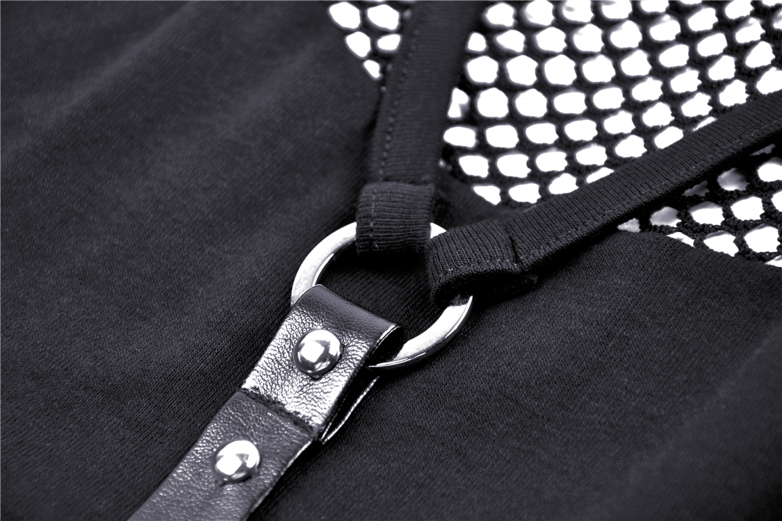 Close-up of edgy black mesh-panel crop top with strappy design and choker neckline detail.